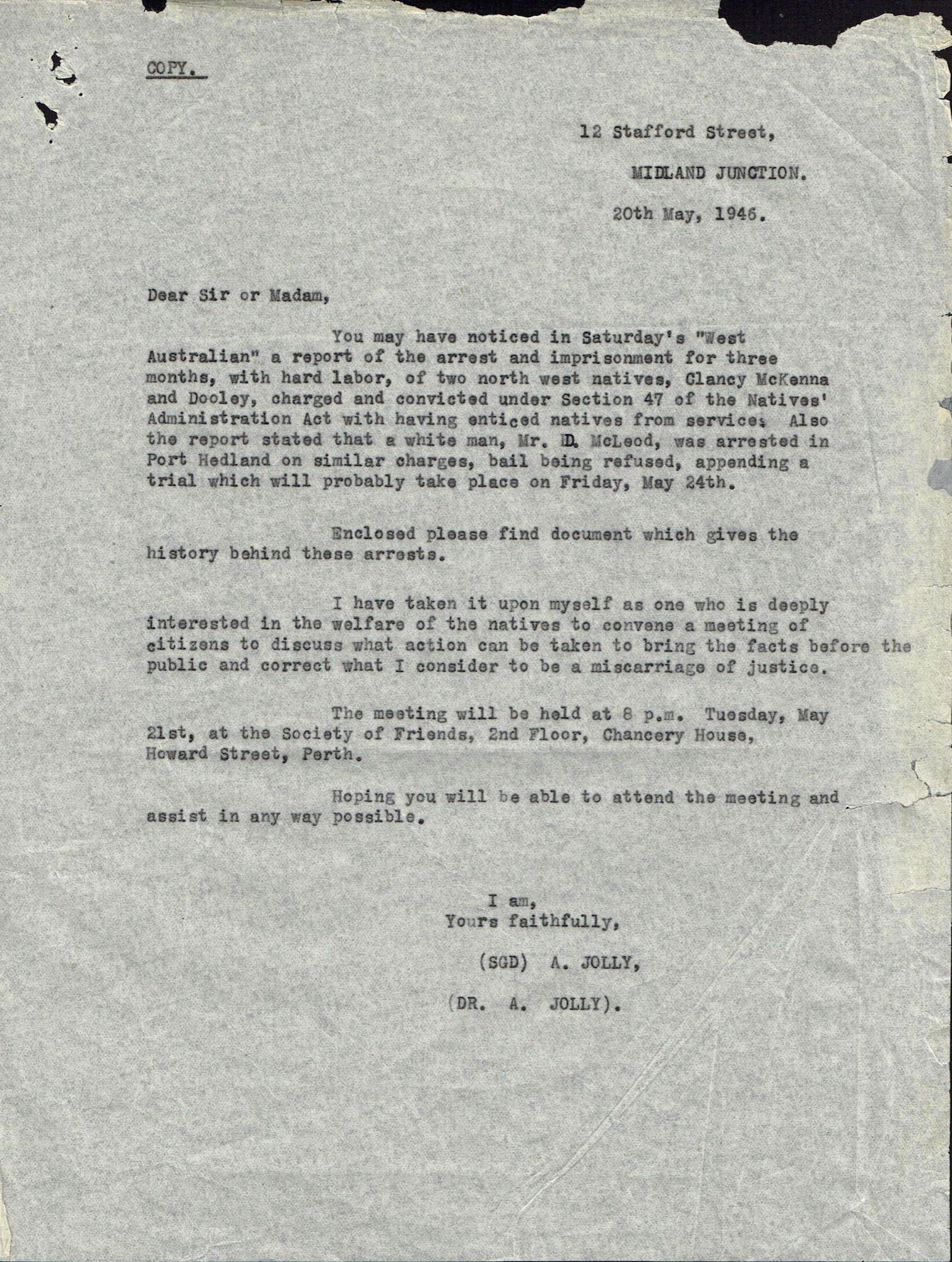 Alec Jolly, circular letter, 20 May 1946