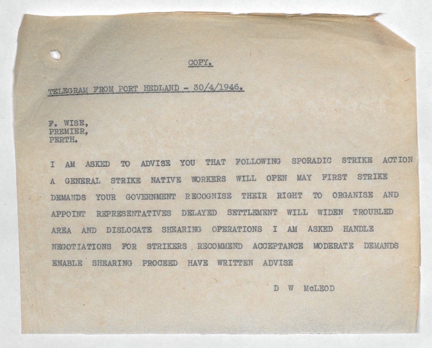 Don McLeod to Premier Frank Wise, telegram, 30 April 1946.