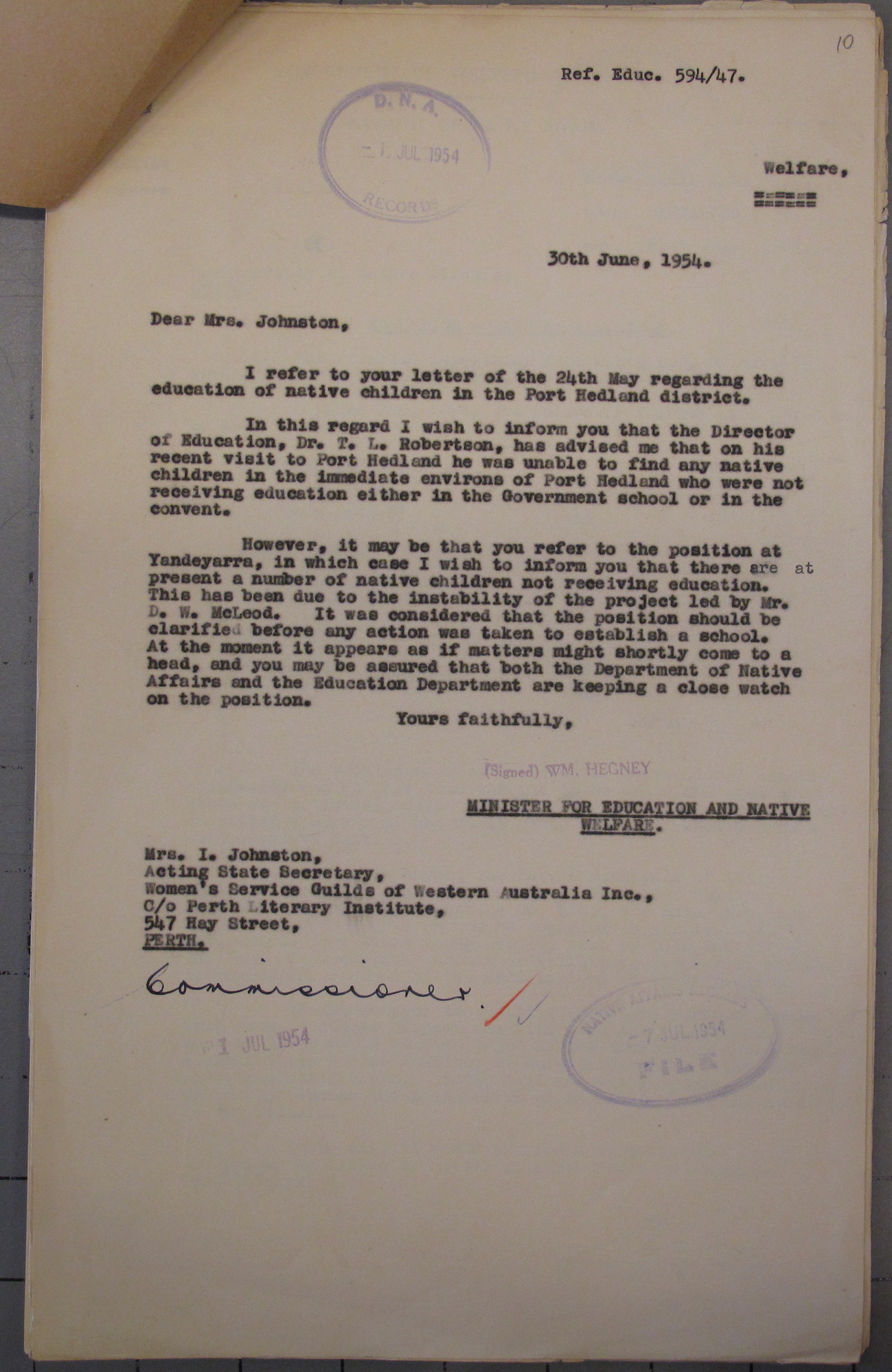 Stan Middleton to Director of Education Blue Robertson, 19 March 1952