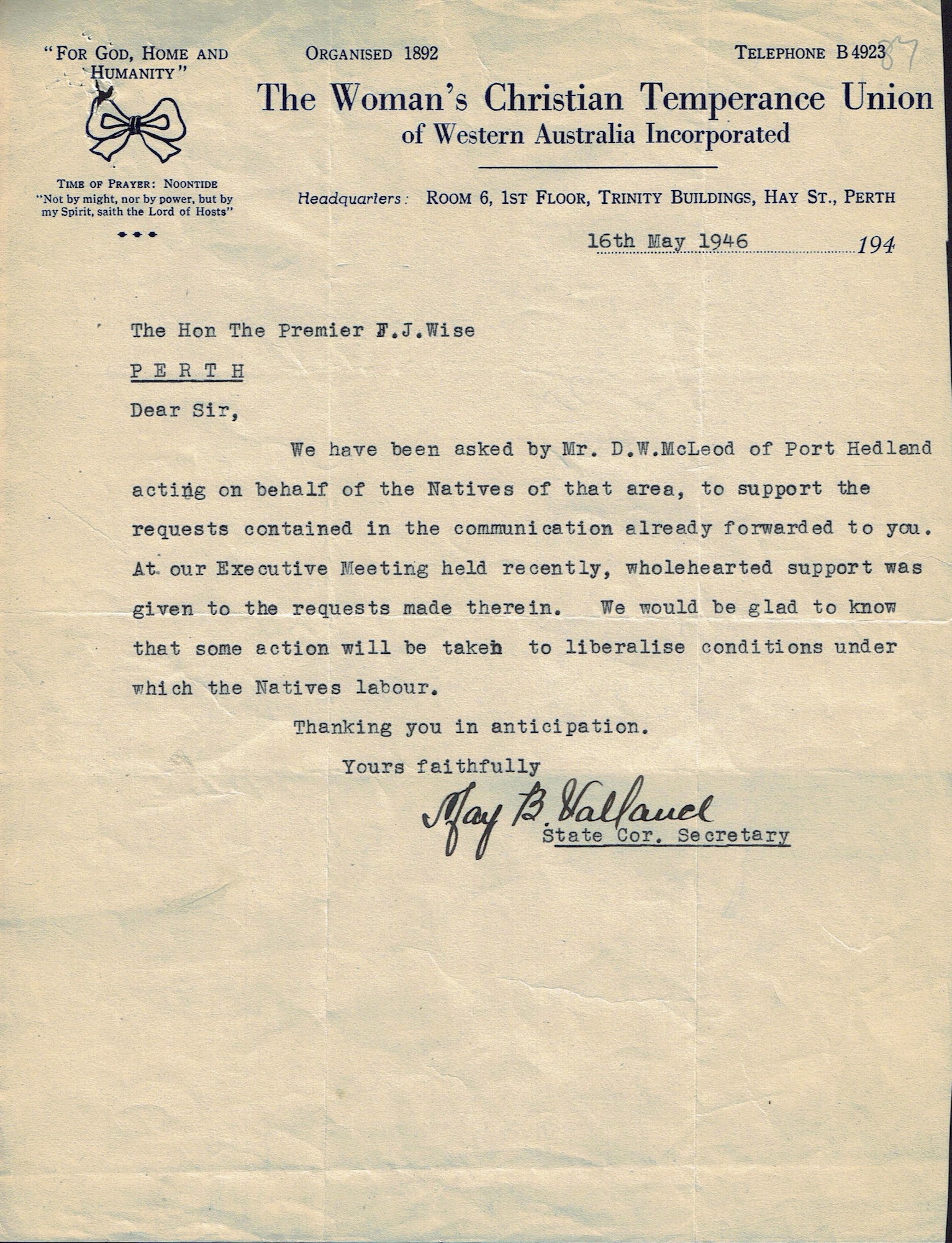 Woman's Christian Temperance Union WA to Premier Wise, 16 May 1946