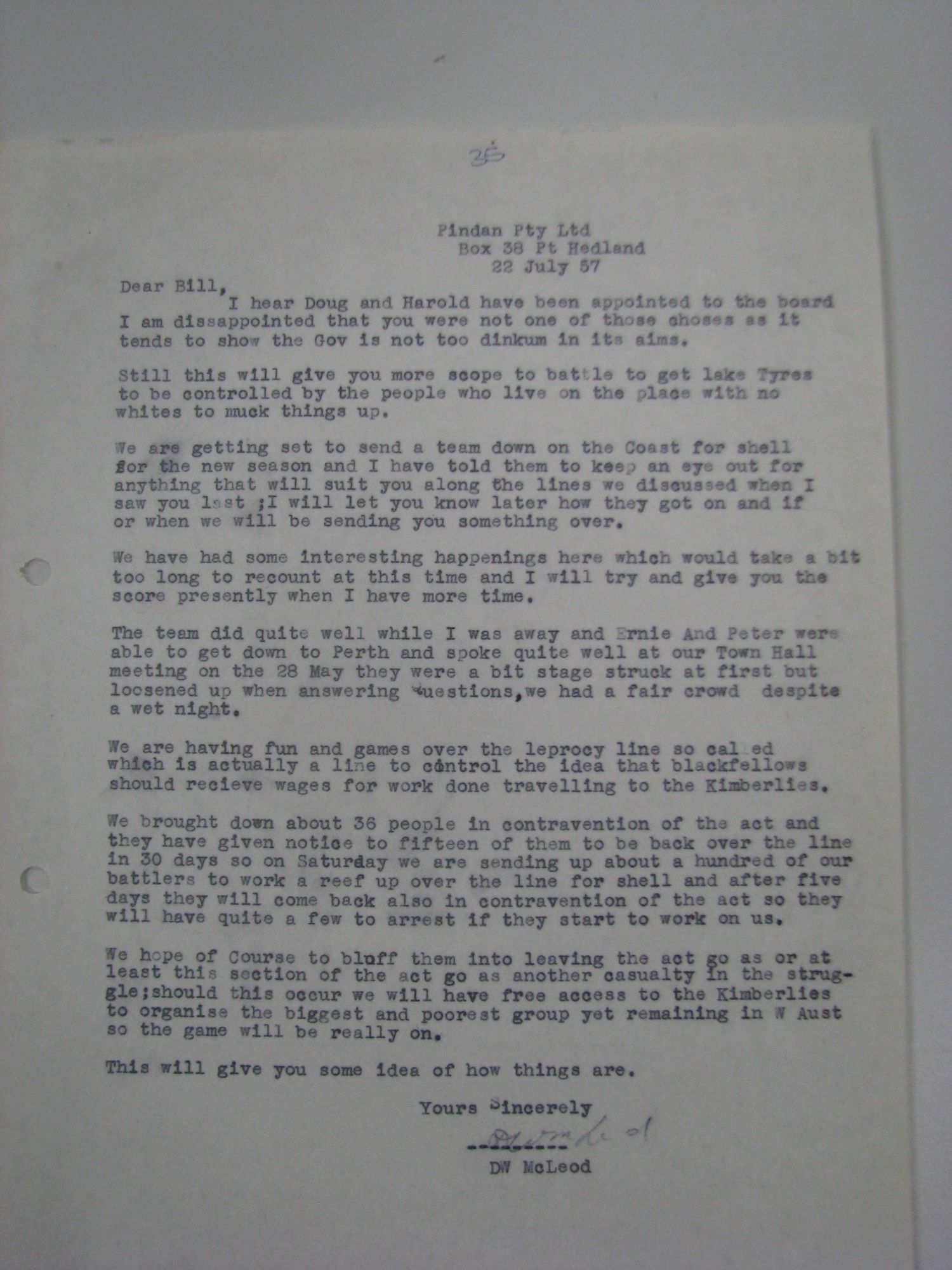 Don McLeod to Bill Onus, 22 July 1957