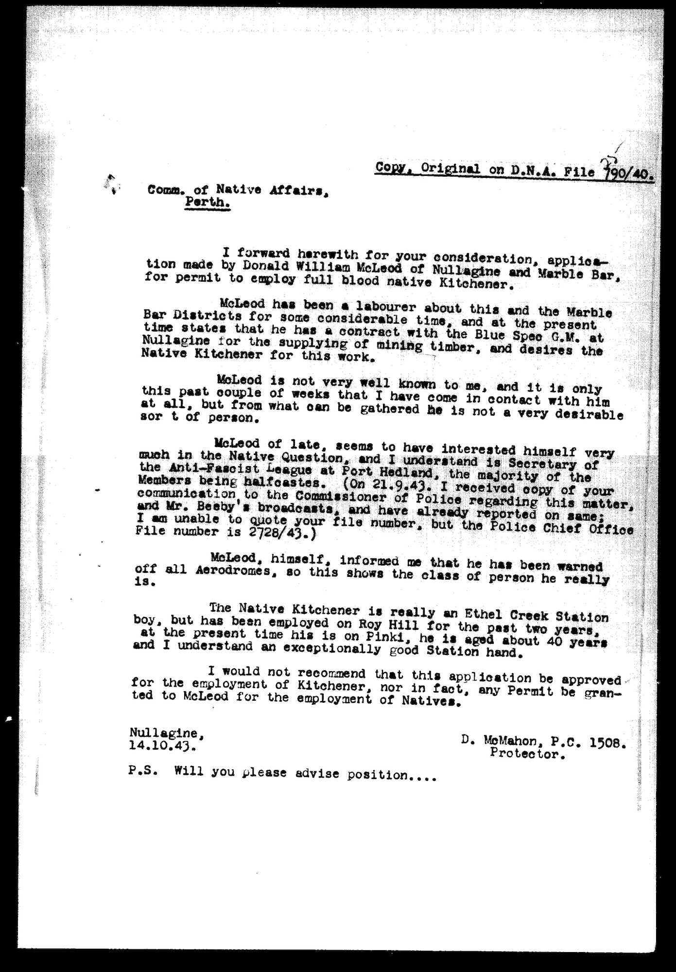 McMahon to Bray, 14 October 1943 McMahon to Bray, 14 October 1943