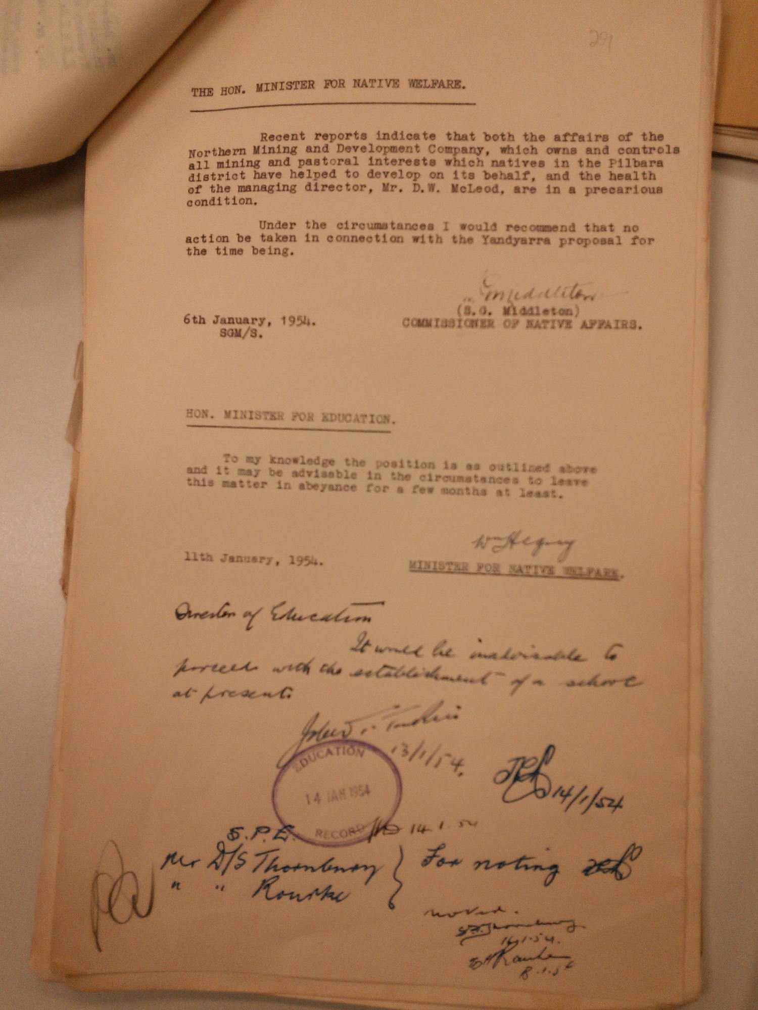 Stan Middleton to Minister for Native Affairs Bill Hegney, 6 January 1954