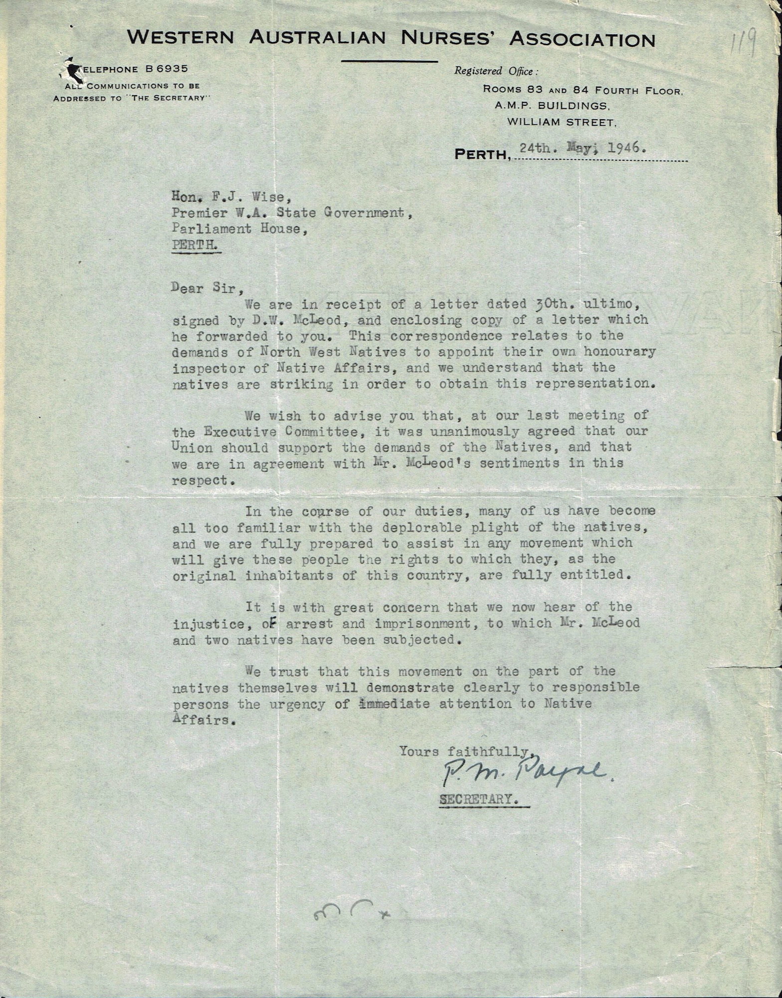 WA Nurses' Association to Premier Wise, 24 May 1946